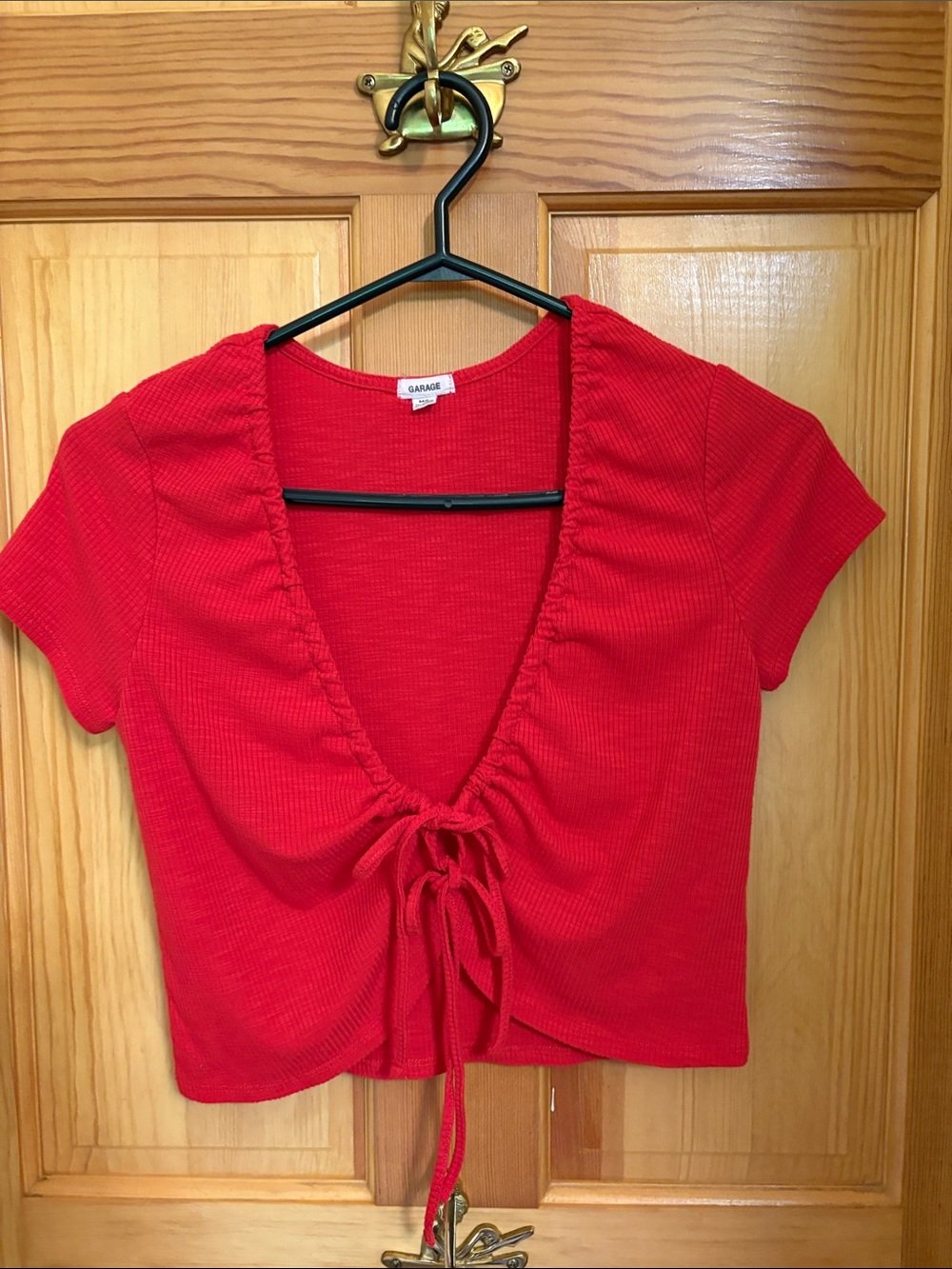 Garage Red Ribbed Tie-Front V-Neck Crop Top